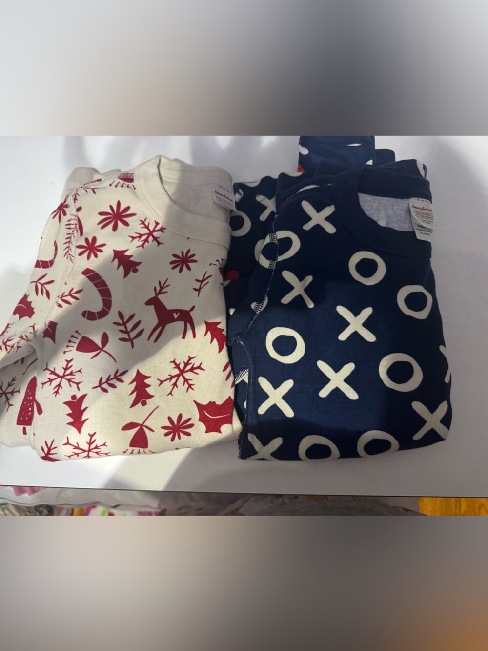 Hanna Andersson Navy X/O and Cream with Red Reindeer Pajama Tops